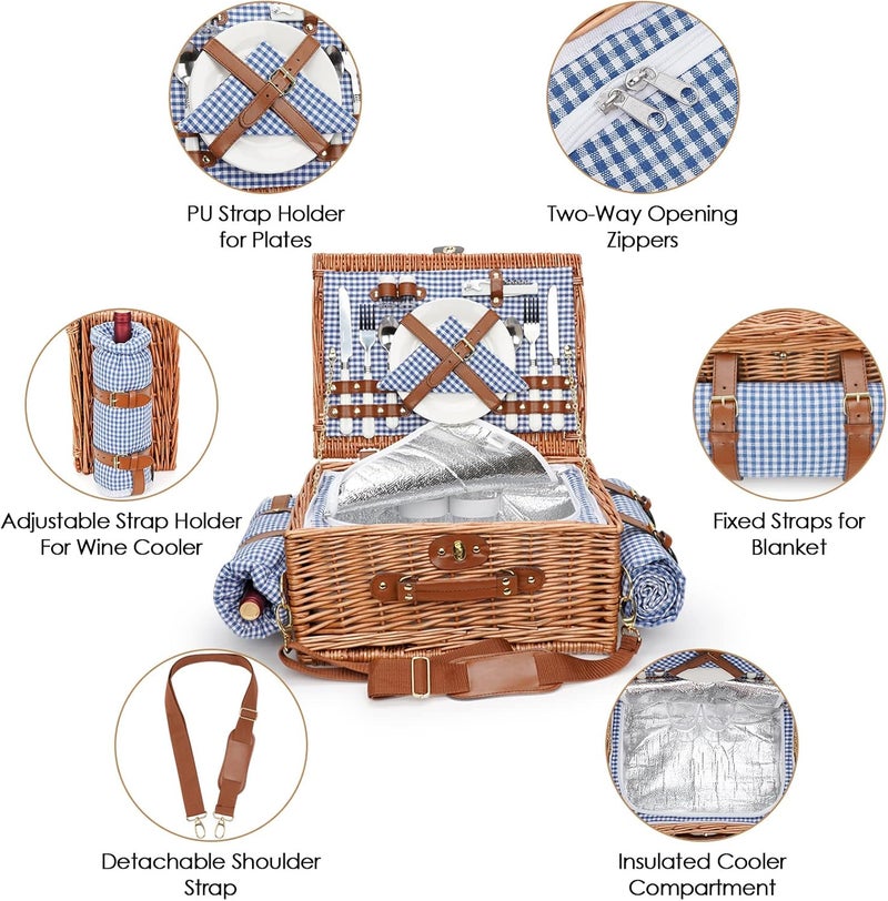 WILLOW WEAVE Picnic Baskets for 2, Picnic Basket with Waterproof Blanket, Picnic Basket Set with Washable Beach Mat & Large Insulated Cooler Compartment, Handmade Natural Wicker Hamper for Camping, Outdoor Party - Image 4